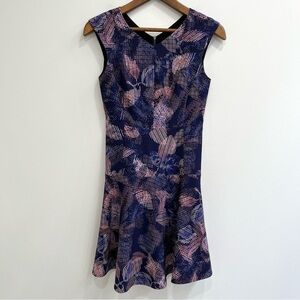 Rebecca Taylor Sonic Garden V-neck Drop Waist Dress Fit n Flare Blue Pink Size 2